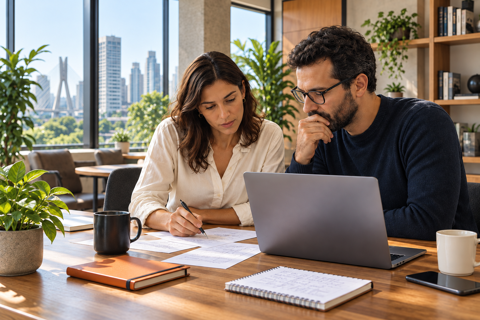 Duas pessoas analisam um processo e trabalham juntas com um notebook em um escritório.