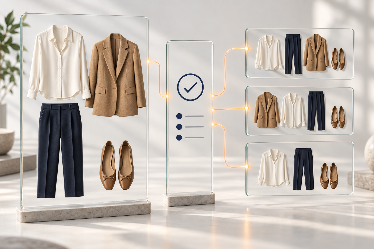 Peças de um closet conectadas a validações e sugestões de looks.
